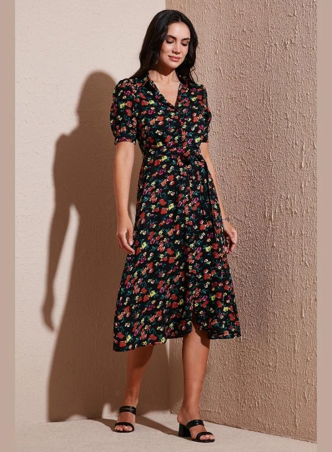 Lela Lela Patterned Regular Fit Slit Midi Length Belted Shirt Dress Women's Dress 6782106