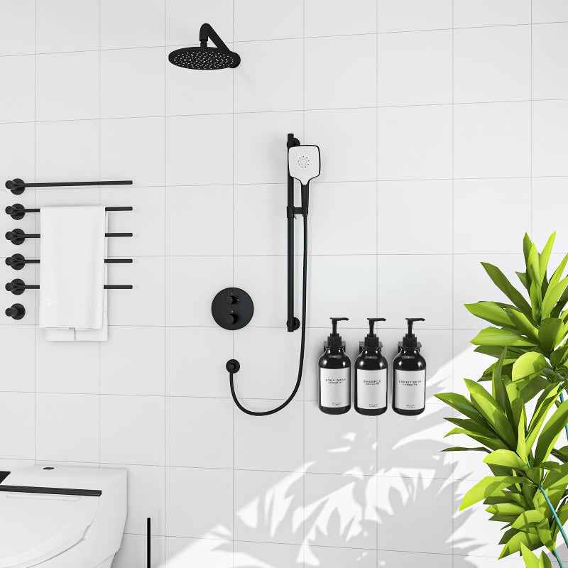 goyisee حامل شامبو وبلسم GOYISEE لجدار الدش 3 غرف، زجاجات شامبو وبلسم قابلة لإعادة التعبئة مع ملصقات مقاومة للماء، موزع صابون مع مضخات، 3 زجاجات 3 حوامل جدارية - أسود - Image 2