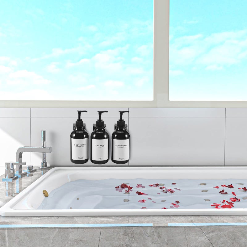 goyisee حامل شامبو وبلسم GOYISEE لجدار الدش 3 غرف، زجاجات شامبو وبلسم قابلة لإعادة التعبئة مع ملصقات مقاومة للماء، موزع صابون مع مضخات، 3 زجاجات 3 حوامل جدارية - أسود - Image 3