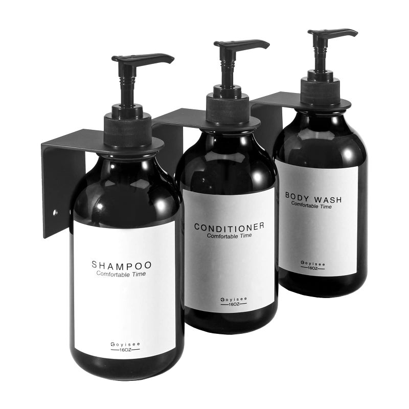 goyisee حامل شامبو وبلسم GOYISEE لجدار الدش 3 غرف، زجاجات شامبو وبلسم قابلة لإعادة التعبئة مع ملصقات مقاومة للماء، موزع صابون مع مضخات، 3 زجاجات 3 حوامل جدارية - أسود - Image 1