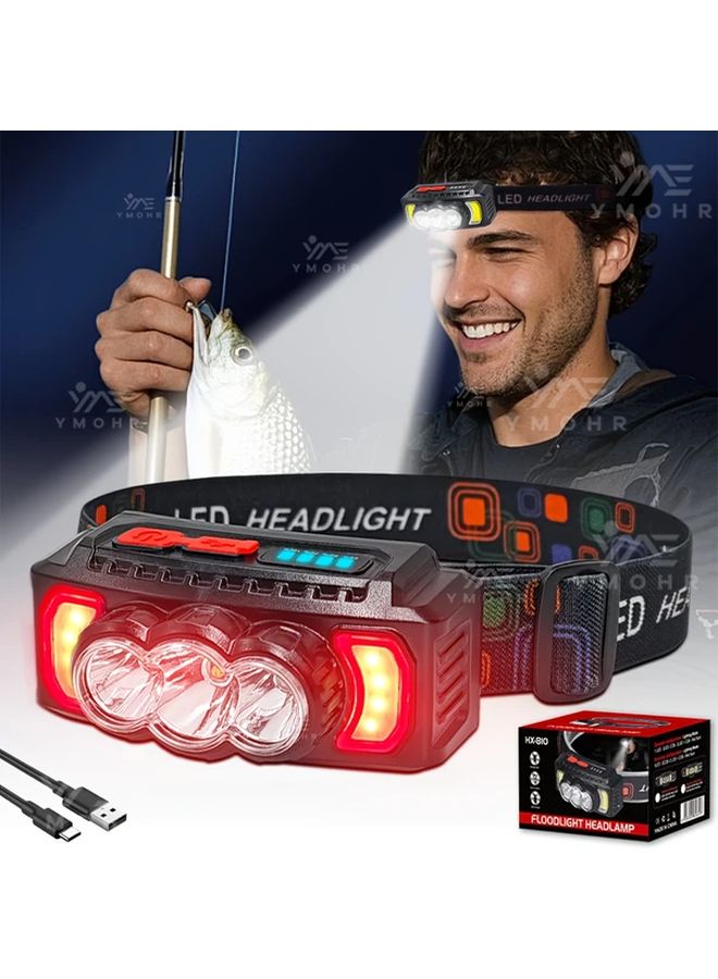 Black LED Headlamp USB Rechargeable 7 Modes 270 Degree Flood Light for Camping - Image 1