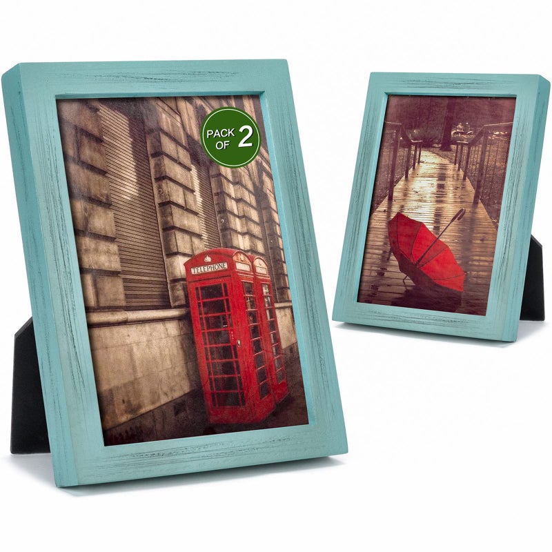 Emfogo 5x7 Picture Frame Pack of 2 Rustic Picture Frames 5x7 with Real Glass Solid Wood 5x7 Photo Frame for Table Top Display or Wall Mounted Vintage Teal