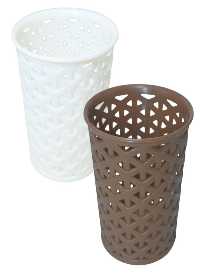 Simply Home Linea Small Round Plastic Multipurpose Organizer For Kitchen, Bathroom, Salon, Office|Stationery,Cutlery,Pen,Makeup Brushes Holder|Hanging Toothbrush Stand |Pack Of 2 | WHITE BROWN - Image 1