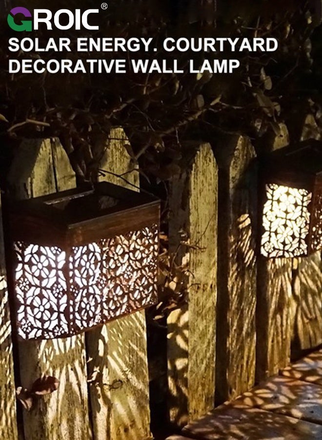 GROIC Solar Fence Lights 2 Pack Outdoor Deck Step, Wall Lights, Metal Waterproof, Hollow Design, LED Warm Yellow Light for Garden, Post Patio, Backyard - Image 2