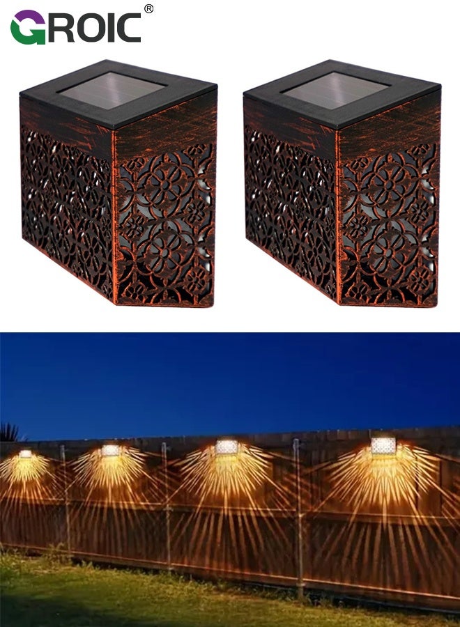 GROIC Solar Fence Lights 2 Pack Outdoor Deck Step, Wall Lights, Metal Waterproof, Hollow Design, LED Warm Yellow Light for Garden, Post Patio, Backyard - Image 1