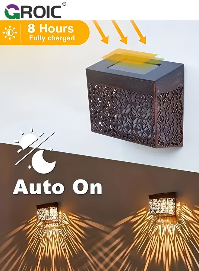 GROIC Solar Fence Lights 2 Pack Outdoor Deck Step, Wall Lights, Metal Waterproof, Hollow Design, LED Warm Yellow Light for Garden, Post Patio, Backyard - Image 4