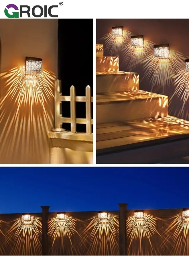 GROIC Solar Fence Lights 2 Pack Outdoor Deck Step, Wall Lights, Metal Waterproof, Hollow Design, LED Warm Yellow Light for Garden, Post Patio, Backyard - Image 5