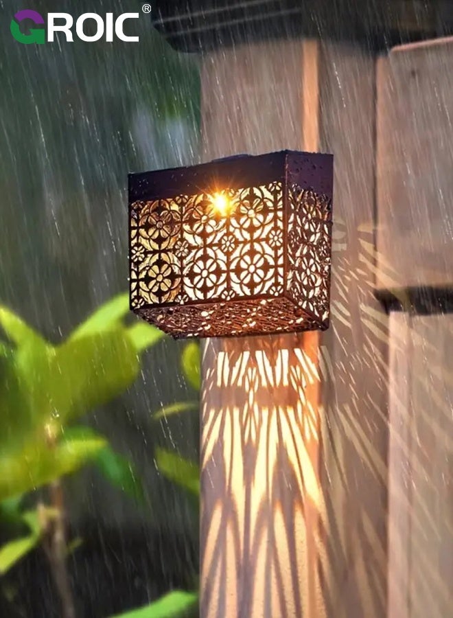 GROIC Solar Fence Lights 2 Pack Outdoor Deck Step, Wall Lights, Metal Waterproof, Hollow Design, LED Warm Yellow Light for Garden, Post Patio, Backyard - Image 3