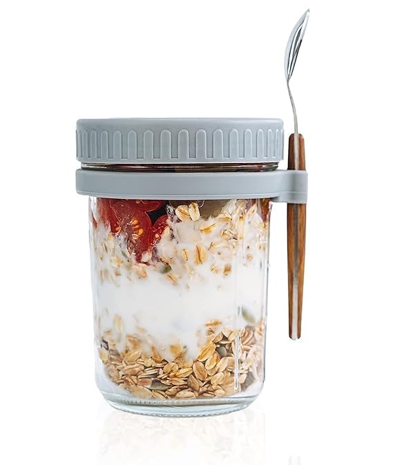 CASADELIGHT 350 ml Oats Container With Lids And Spoon set of 1 pc Glass Mason Jars For Overnight Oats Leak Proof Container with Measurment For Cereal Fruit Vegetable Milk Salad Yogurt random color - Image 1