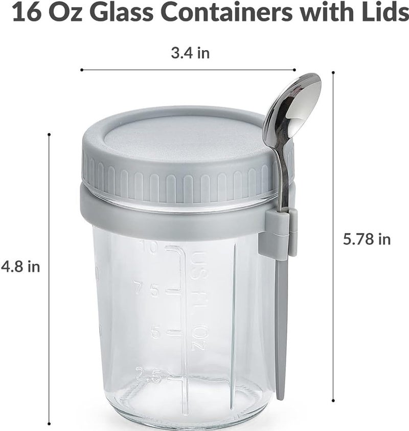 CASADELIGHT 350 ml Oats Container With Lids And Spoon set of 1 pc Glass Mason Jars For Overnight Oats Leak Proof Container with Measurment For Cereal Fruit Vegetable Milk Salad Yogurt random color - Image 2