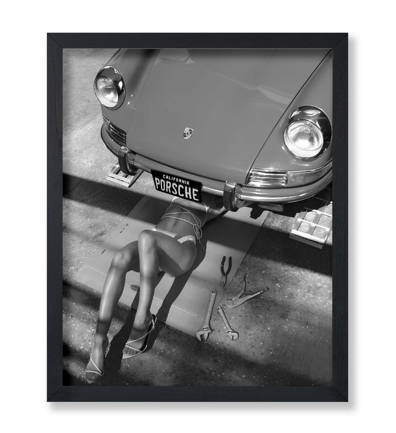 Poster Master Woman Classic Car Poster - Sexy Mechanic Print - Girly Car Enthusiast Art - Black and White Photography - Great Garage or Bedroom Decor - 8x10 UNFRAMED Wall Decor - Image 1