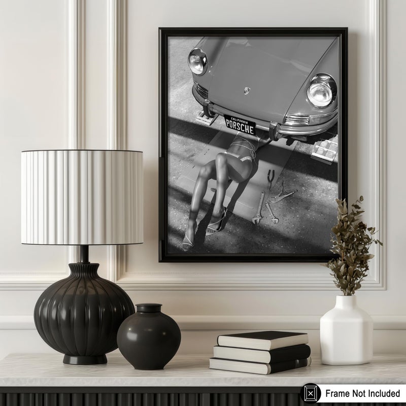 Poster Master Woman Classic Car Poster - Sexy Mechanic Print - Girly Car Enthusiast Art - Black and White Photography - Great Garage or Bedroom Decor - 8x10 UNFRAMED Wall Decor - Image 3