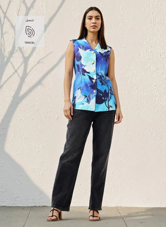 Iconic Floral Print Button-Down Sleeveless Waistcoat