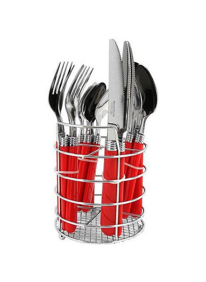 طقم أدوات مائدة ستانلس ستيل مع حامل تخزين أحمر وفضي