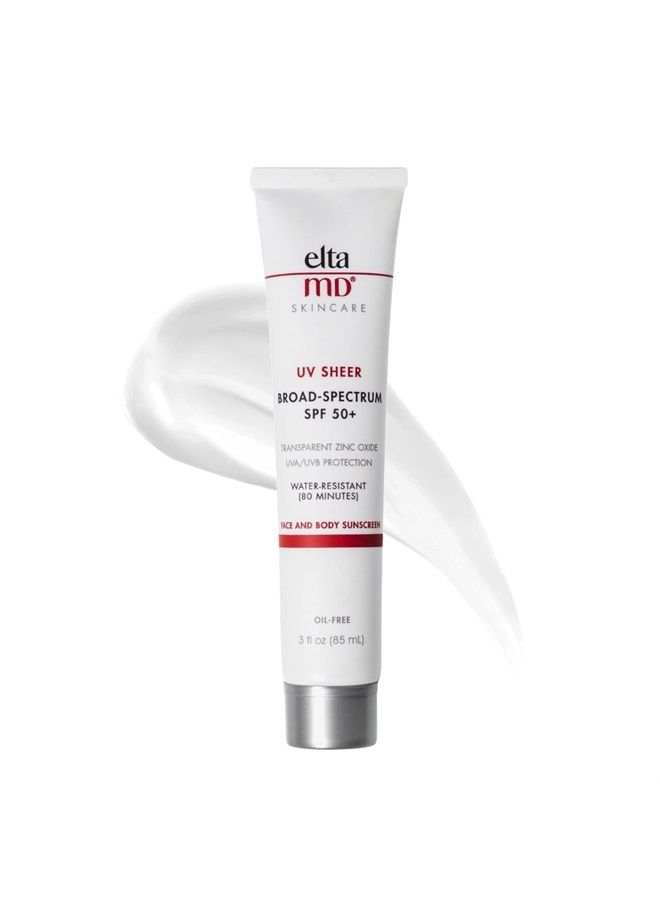 EltaMD UV Sheer Face Sunscreen, SPF 50+ Hydrating Sunscreen for Face, Helps Even Skin Tones and Soothes Skin, Water Resistant up to 80 Minutes, No White Cast, Formulated with Zinc Oxide , 3.0 oz Tube - Image 1