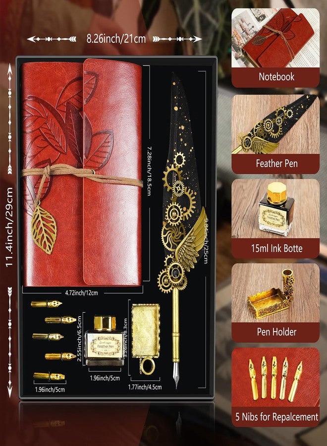 GrnVibe Quill Pen and Ink Set Antique Calligraphy Pen Set with Feather Pen,Leather Notebook for Writing,5 Replaceable Nibs,Pen Holder,Ink,Calligraphy Pens for Beginners Vintage Decor Gift Set - Image 2