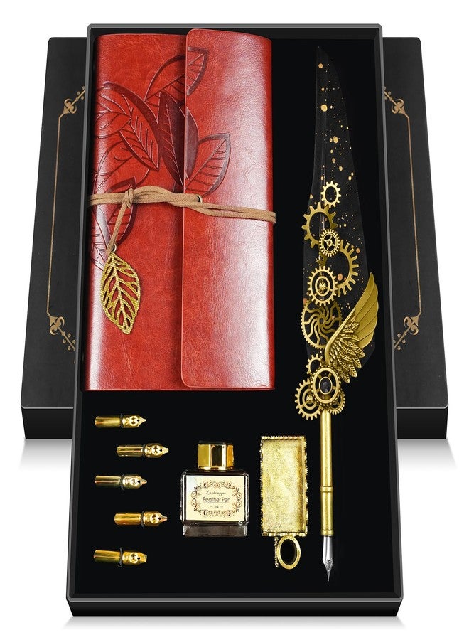GrnVibe Quill Pen and Ink Set Antique Calligraphy Pen Set with Feather Pen,Leather Notebook for Writing,5 Replaceable Nibs,Pen Holder,Ink,Calligraphy Pens for Beginners Vintage Decor Gift Set - Image 1