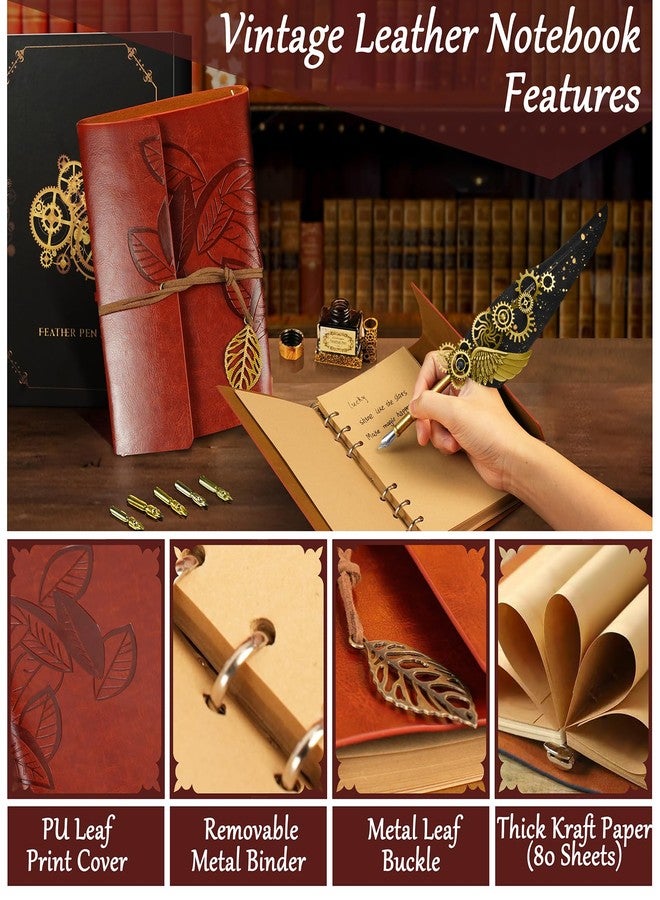 GrnVibe Quill Pen and Ink Set Antique Calligraphy Pen Set with Feather Pen,Leather Notebook for Writing,5 Replaceable Nibs,Pen Holder,Ink,Calligraphy Pens for Beginners Vintage Decor Gift Set - Image 5