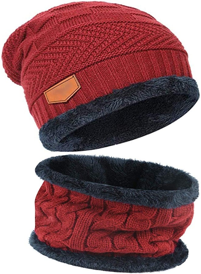 Missby® Winter Beanie Hat Scarf Set Warm Knit Hat Thick Fleece Lined Winter Cap Neck Warmer for Men Women (Red) - Image 1