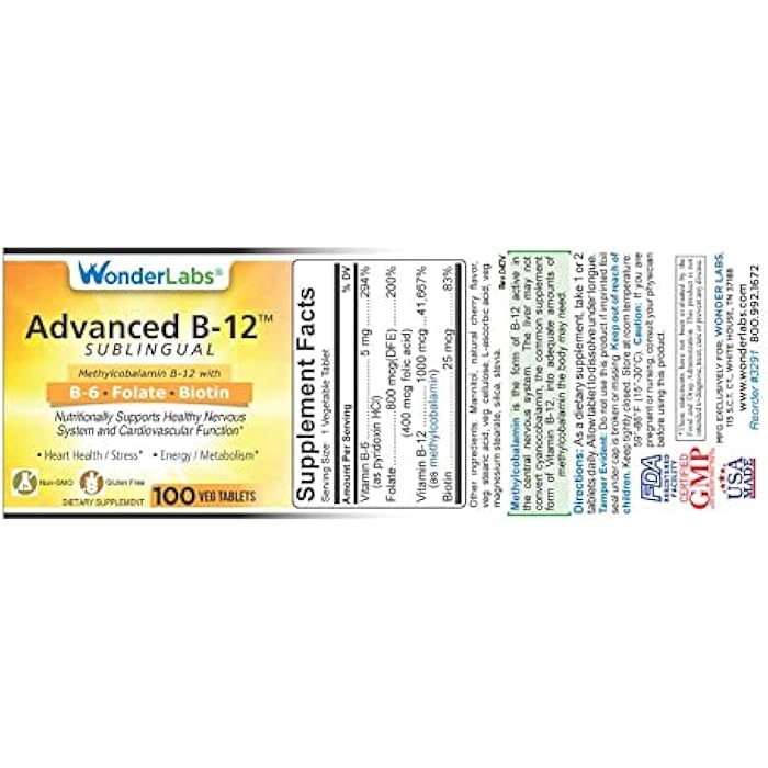 Wonder Laboratories Sublingual Vitamin B12 (1000 mcg), B6 (5mg), Folic Acid(400 mcg) & Biotin (25mcg) - Formulated with Methylcobalamin Vitamin B-12 (100 Tablets) - Image 2