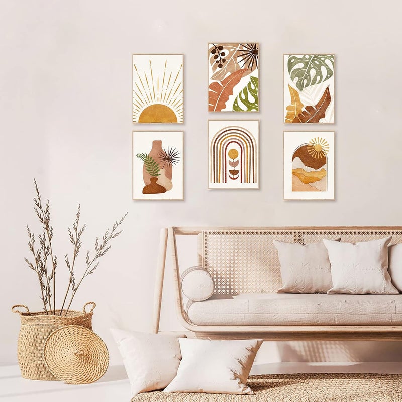 KBKBART Trendy budget practical design Boho Wall Art Set of 6, Minimalist Boho Wall Decor, Monstera Palm Sun Moon Geometry Canvas Prints, Mid-Century Modern Wall Art for Bedroom, Living Room, Bathroom, Gallery Market multi-use trusted quality - Image 2