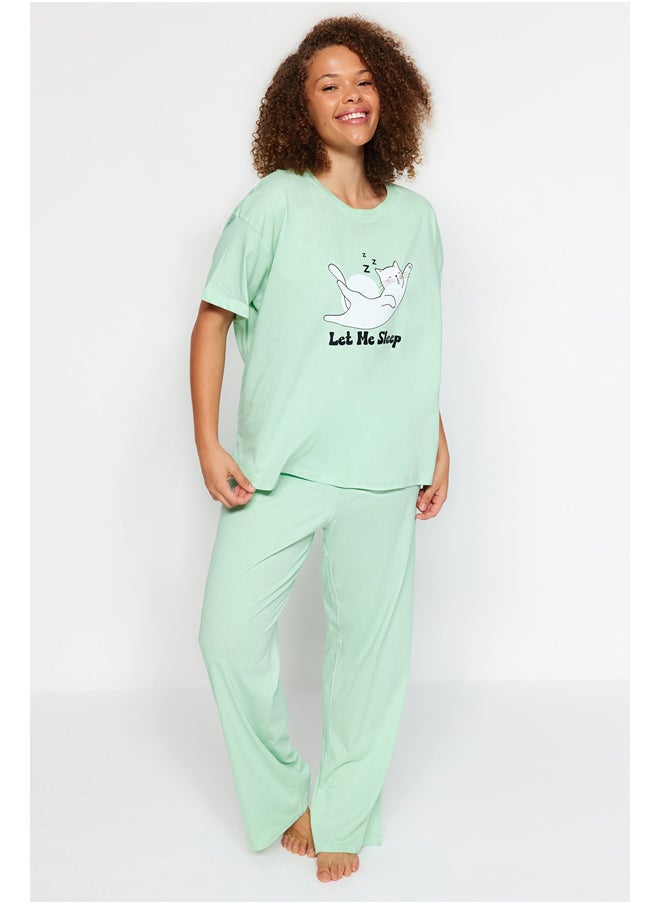 trendyol - Mint Printed Knitted Pajamas Set TBBAW24AI00003 - Image 1