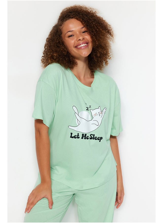 trendyol - Mint Printed Knitted Pajamas Set TBBAW24AI00003 - Image 1