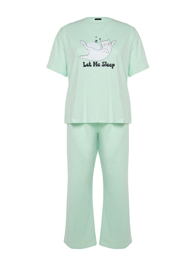 trendyol - Mint Printed Knitted Pajamas Set TBBAW24AI00003 - Image 1