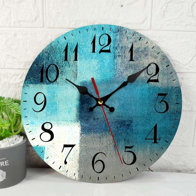 TURQUOISE WOODEN WALL CLOCK SILENT NONTICKING GREEN BLUE GREY TEAL AQUA ABSTRACT PAINTING GRAY ROUND WALL CLOCK DECOR FOR HOME KITCHEN LIVING ROOM OFFICE BATTERY OPERATED 12 INCH