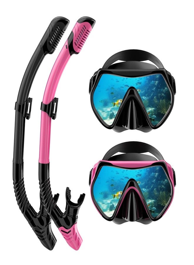 Qheng Snorkeling Gear for Adults, Dry-Top Snorkel Set Scuba Diving Mask, 180° Panoramic Wide View Professional Snorkeling Gear Breathing Freely Snorkel Mask (Black+Pink) - Image 1