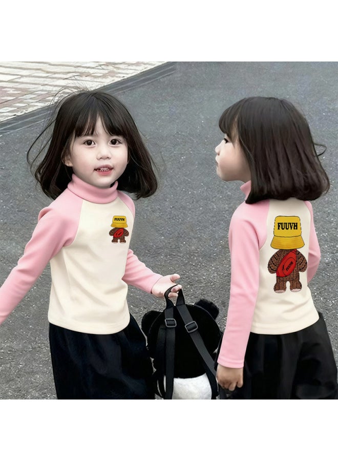 Girls' Thermal Base Layer Top Autumn And Winternew Style For Older Children, Half Turtleneck, Warm Inner Layer, Color-blocking Long Sleeves