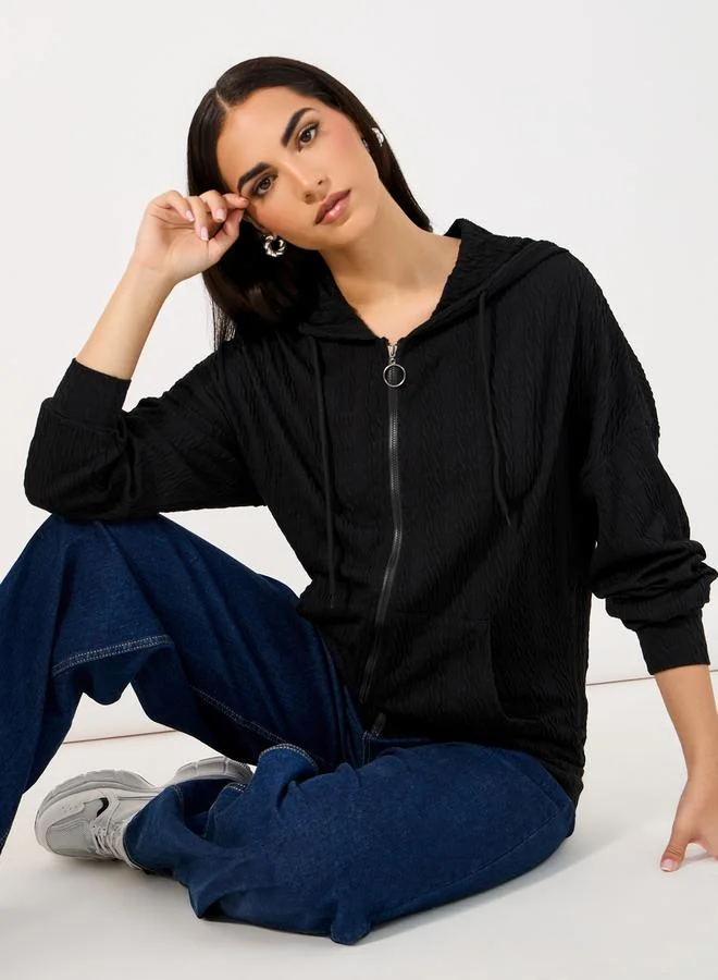 Styli Regular Fit Textured Knit Zip Through Hoodie