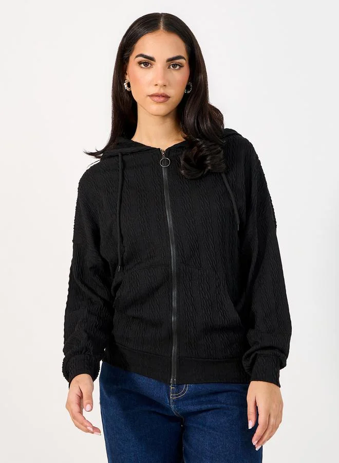 Styli Regular Fit Textured Knit Zip Through Hoodie