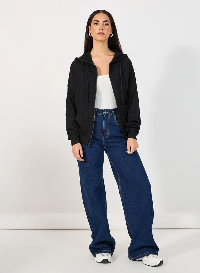 Styli Regular Fit Textured Knit Zip Through Hoodie