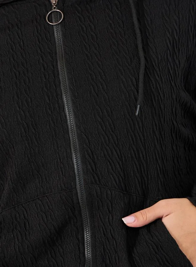 Styli Regular Fit Textured Knit Zip Through Hoodie