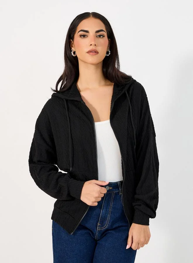 Styli Regular Fit Textured Knit Zip Through Hoodie