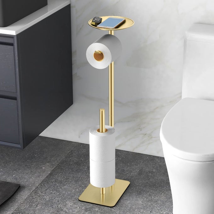 TOILET PAPER HOLDER STAND FOR BATHROOM FLOOR STANDING TOILET ROLL DISPENSER STORAGES 4 RESERVE ROLLS WITH TOP STORAGE SHELF FOR CELL PHONES WIPE WALLET AND MOREGOLD