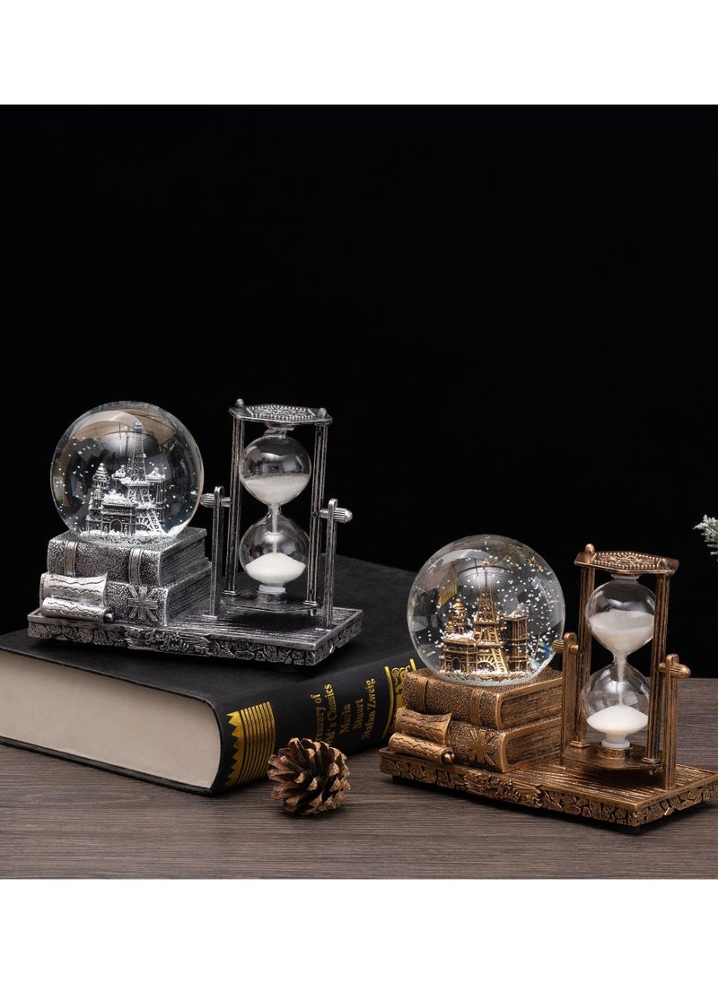 KASTWAVE Antique Snow Globe with Hourglass Timer LED Musical Crystal Snow Globe Music Box Collectibles Sand Clock Timer for Fireplace Mantel Home Decorations Silver Castle  - Image 4