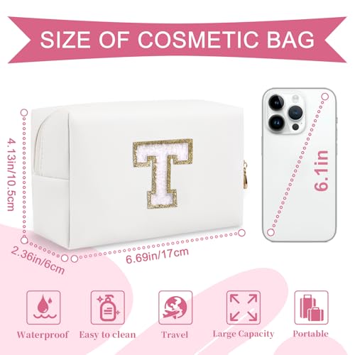ChaoGreat Small Personalized Initial A-Z Preppy Patch Makeup Bag,White PU Chenille Letter Travel Cosmetic Pouch with Zipper,Cute Toiletry Bag,Gift Ideal for Teen Girls Women Teacher Bridesmaid,Letter T - Image 2