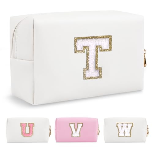 ChaoGreat Small Personalized Initial A-Z Preppy Patch Makeup Bag,White PU Chenille Letter Travel Cosmetic Pouch with Zipper,Cute Toiletry Bag,Gift Ideal for Teen Girls Women Teacher Bridesmaid,Letter T - Image 1