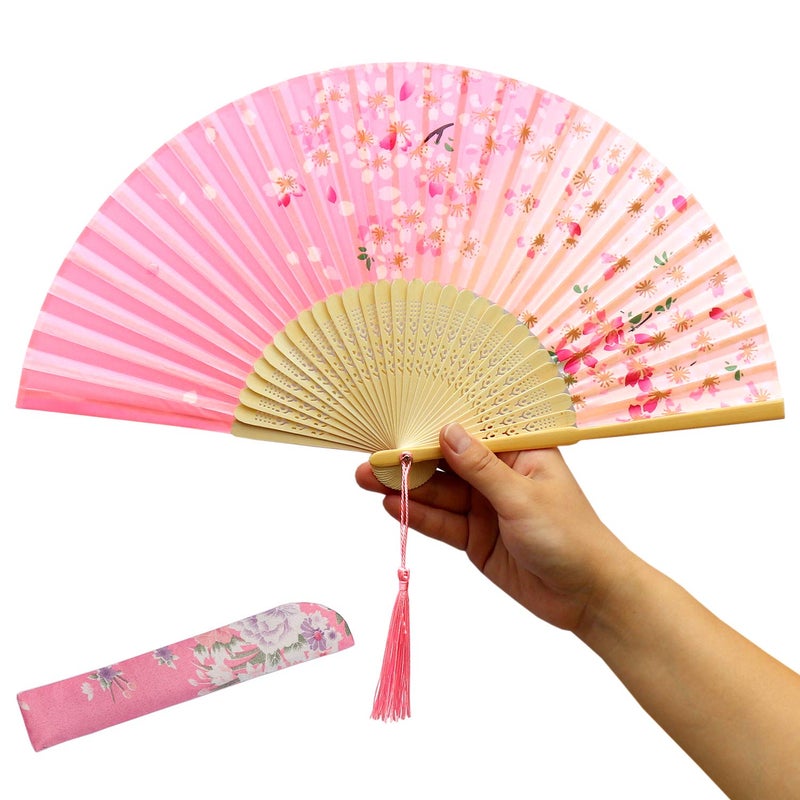 XGAKWD XGAKWD 8 14 Handheld Folding Fans with Fabric Sleeve ChineaseJapanese Folding Silk Cloth Hand Held Fan for Women Dance Decorative Pink C 