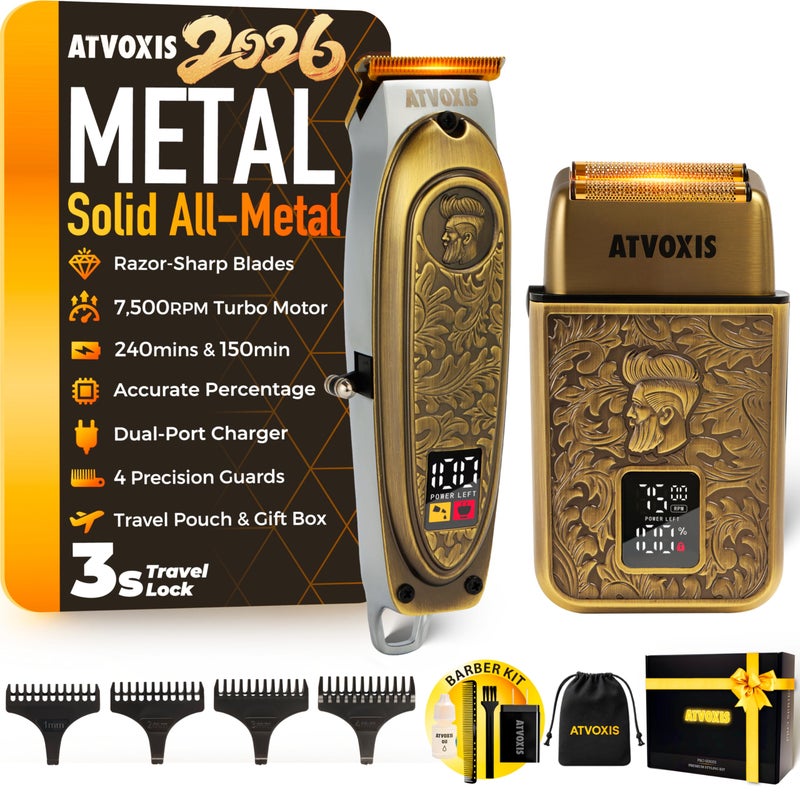 ATVOXIS All-Metal Body Razor-Sharp T-Blade Hair/Beard Trimmer with 4 Guards & Close Shave Foil Shaver Kit for Men: Electric Cordless 3-Speed Foil Razor with Travel Lock Fast Charging USB Charger Travel Pouch - Image 1