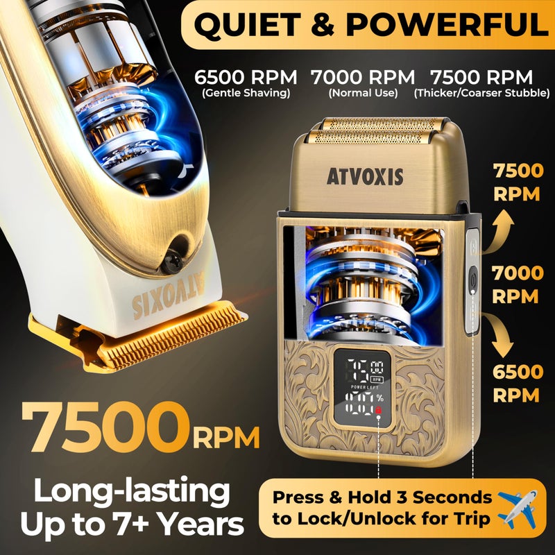 ATVOXIS All-Metal Body Razor-Sharp T-Blade Hair/Beard Trimmer with 4 Guards & Close Shave Foil Shaver Kit for Men: Electric Cordless 3-Speed Foil Razor with Travel Lock Fast Charging USB Charger Travel Pouch - Image 3
