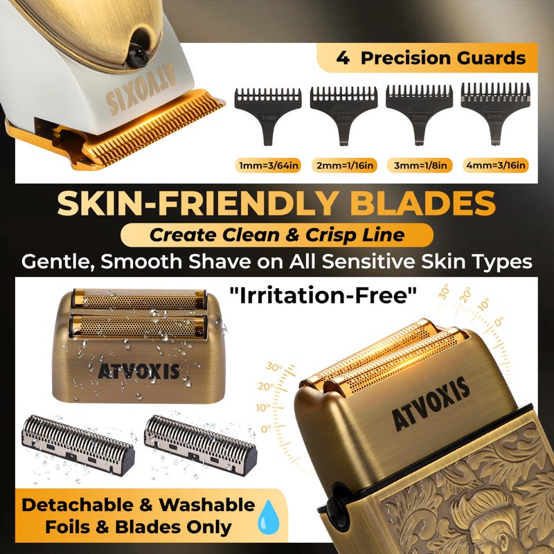 ATVOXIS All-Metal Body Razor-Sharp T-Blade Hair/Beard Trimmer with 4 Guards & Close Shave Foil Shaver Kit for Men: Electric Cordless 3-Speed Foil Razor with Travel Lock Fast Charging USB Charger Travel Pouch - Image 5