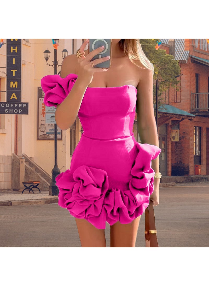 Generic Summer Ruffle Hem Off-Shoulder Dress Rose red  - Image 1