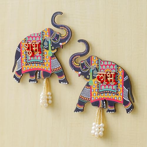 Webelkart Premium Set of 2 with Shubh Labh Wall Hanging for Diwali Decoration| Wall Decor |Temple Decor Wall Hanging |Pooja and Home Decor Hanging (Elephant) - Image 1