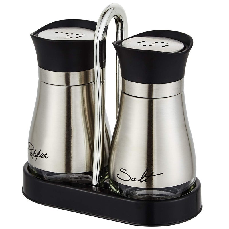 Lonffery Salt and Pepper Shakers Set Stainless Steel Salt Containers with Glass Bottle for Table RV Camp BBQ Set of 2