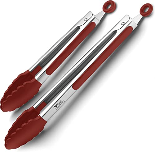 Tribal Cooking Tribal Cooking Kitchen Tongs with Silicone Tips  Stainless Steel tongs for cooking  9 and 12 Tongs With Silicone Rubber Grips Small and Large  Metal BBQ Tongs with Locking Red 