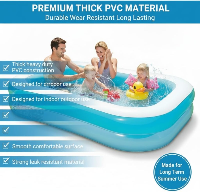 coku حوض سباحة قابل للنفخ من عائلة كوكو للأطفال والكبار | حوض مستطيل كبير جدًا بثلاث حلقات، حوض استحمام قابل للطي من PVC السميك، مقاس 8.5 × 5.75 قدم للاستخدام في الفناء الخلفي والحديقة والداخلية والخارجية في الصيف - Image 2