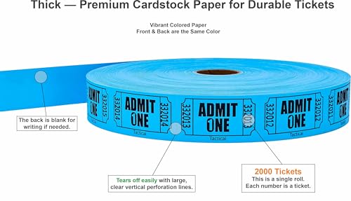 Tacticai 2000 Raffle Tickets, Admit One, Single Roll, Ticket for Events, Entry, Class Reward, Fundraiser & Prizes - Blue (1 of 8 Colors) - Image 2